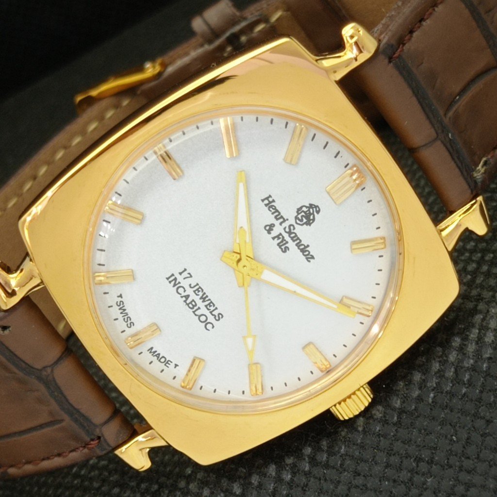 Vintage 1967 Henry Sandoz Manual Mens Gold Watch WSilver Accents Leather Strap